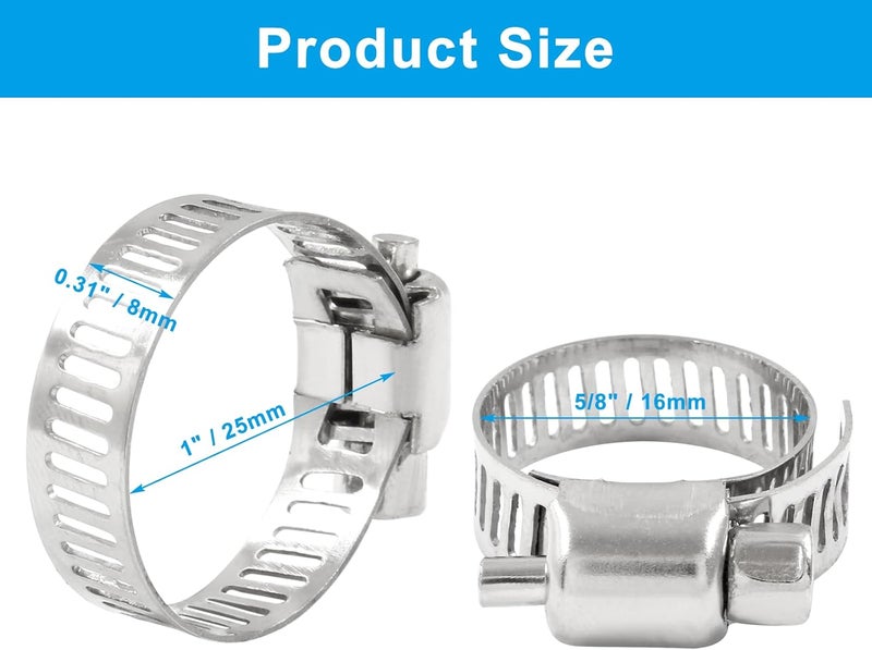 Coufce 20 pcs 5/8" - 1" 304 Stainless Steel Hose Clamps, Adjustable Metal Pipe Clamp, Worm Gear for Pipe - Dryer Repair, Tubing and Fuel Line - Image 2